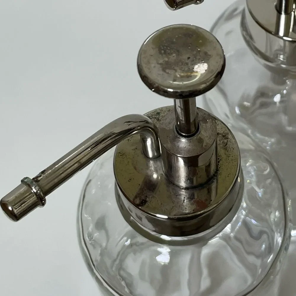 Two Elegant Clear Glass Oilcan Soap & Lotion  Dispenser Set w/Chrome Accents